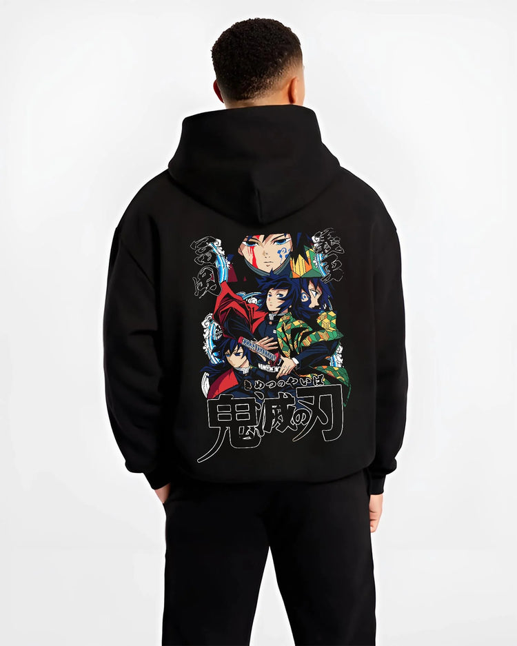 Black hoodie worn by male model, back view with Demon Slayer Hoodie Giyu Tomioka Water Pillar Jumper graphic premium wear.