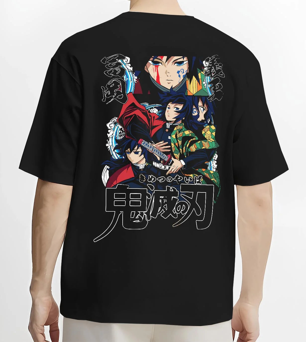 Black T-shirt worn by male model, back view with Demon Slayer Hoodie Giyu Tomioka Water Pillar Jumper graphic bold anime graphic.