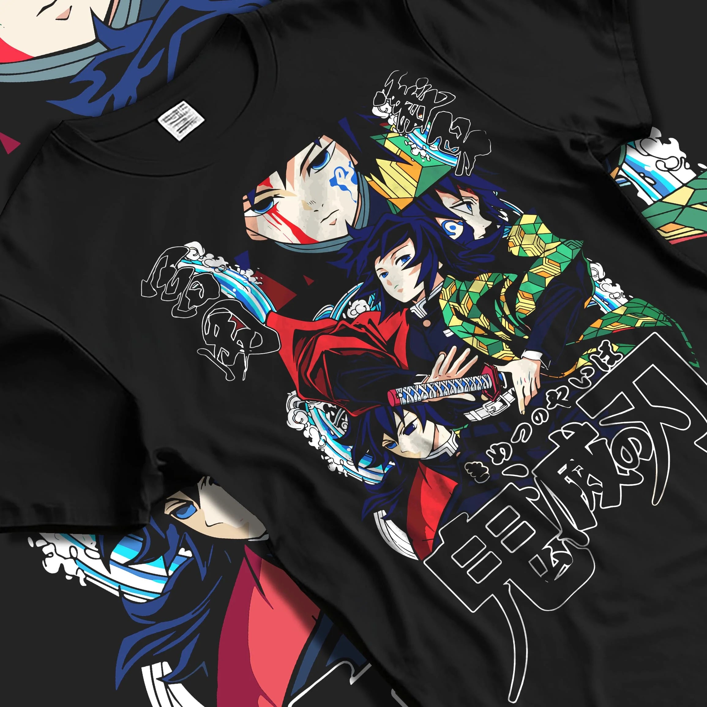 Black T-shirt laid flat with natural folds with Demon Slayer Hoodie Giyu Tomioka Water Pillar Jumper graphic streetwear graphic.