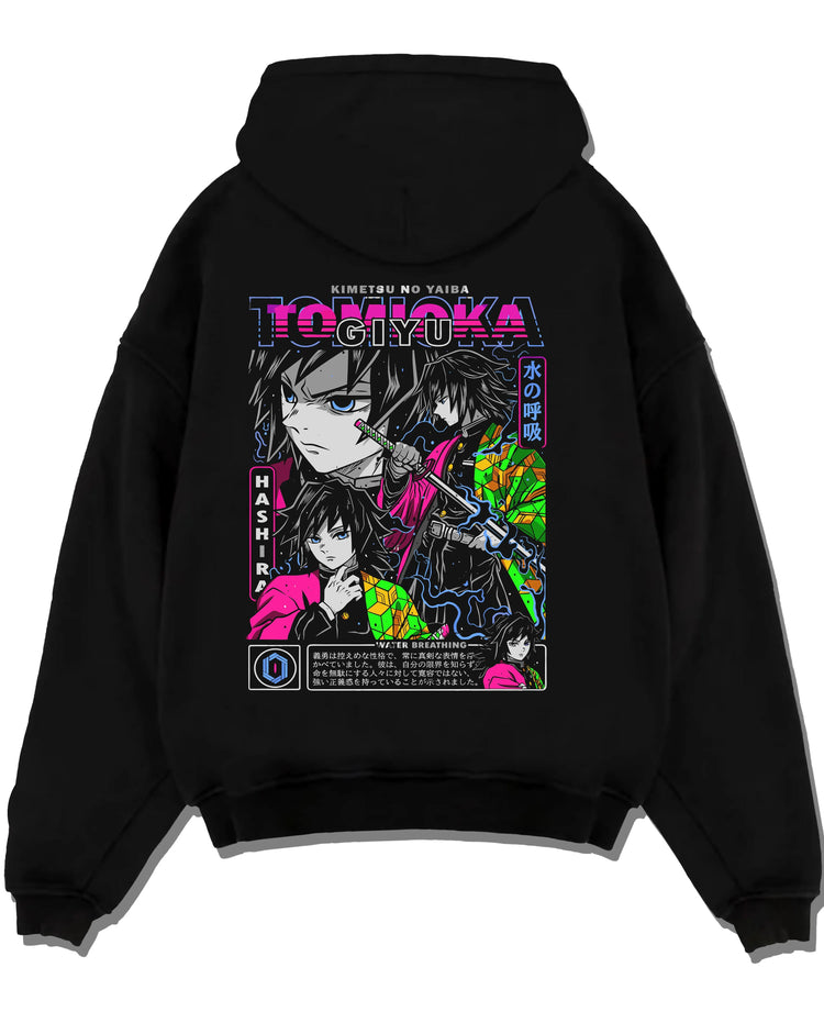 Black pullover hoodie laid flat with Demon Slayer Hoodie Giyu Tomioka Hashira Guard Jumper graphic streetwear graphic.