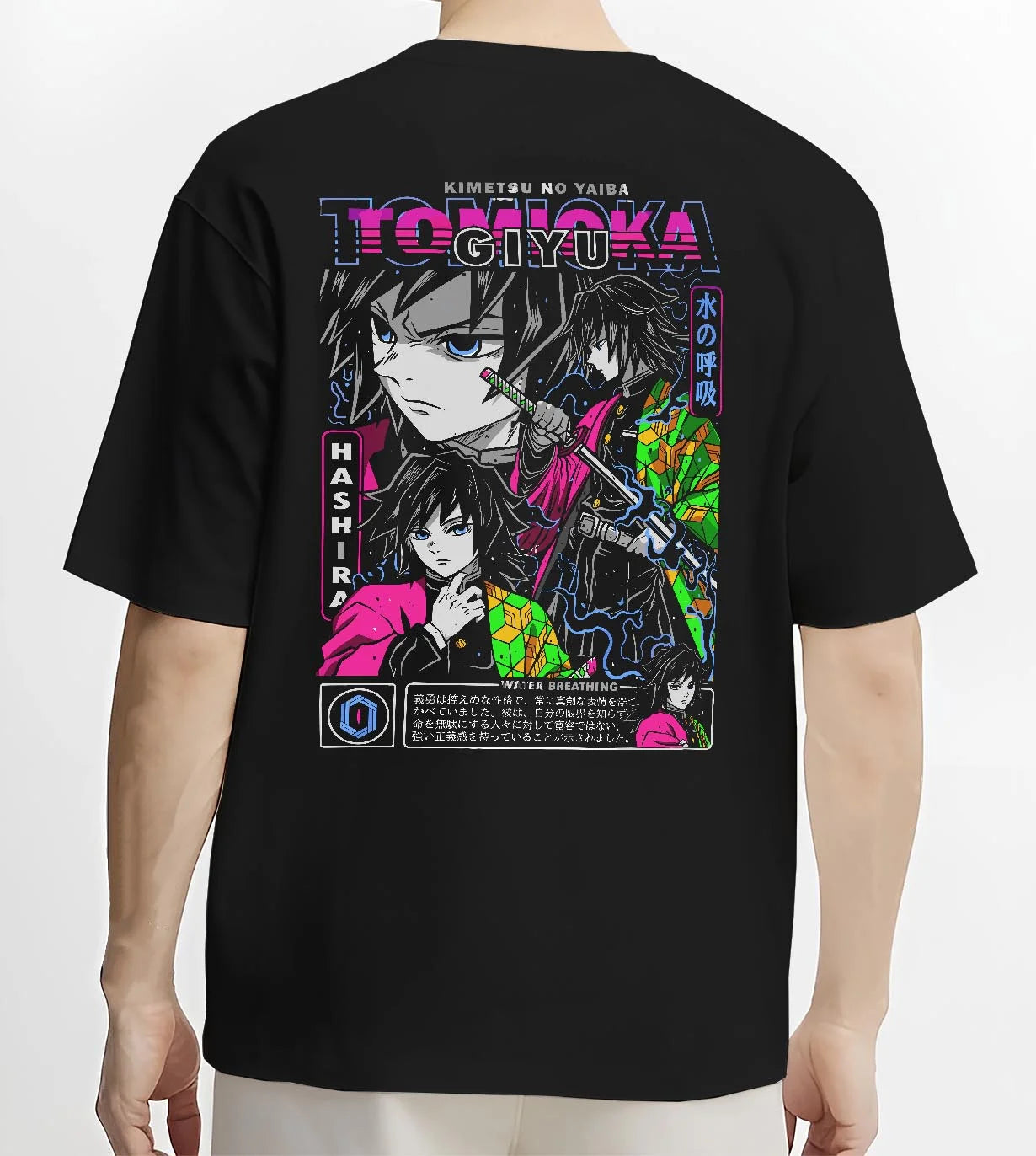 Black T-shirt worn by male model, back view with Demon Slayer Hoodie Giyu Tomioka Hashira Guard Jumper graphic bold anime graphic.