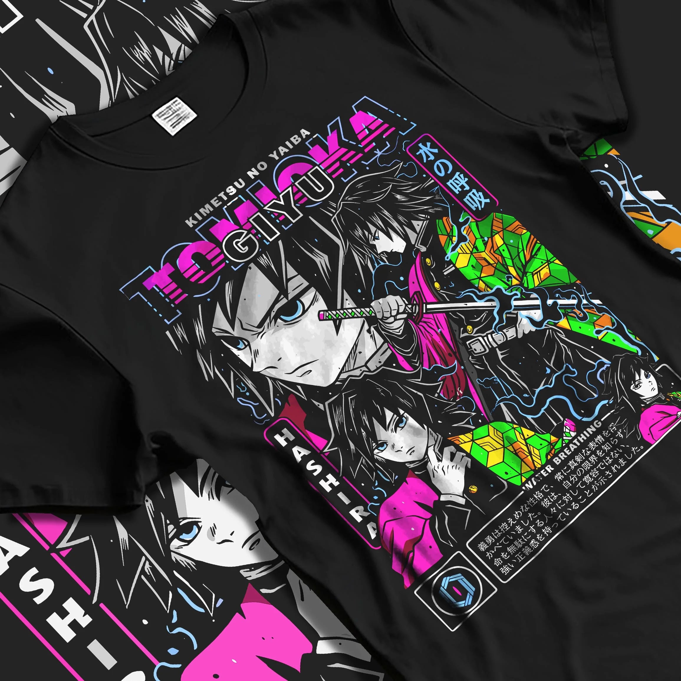 Black T-shirt laid flat with natural folds with Demon Slayer Hoodie Giyu Tomioka Hashira Guard Jumper graphic premium wear.