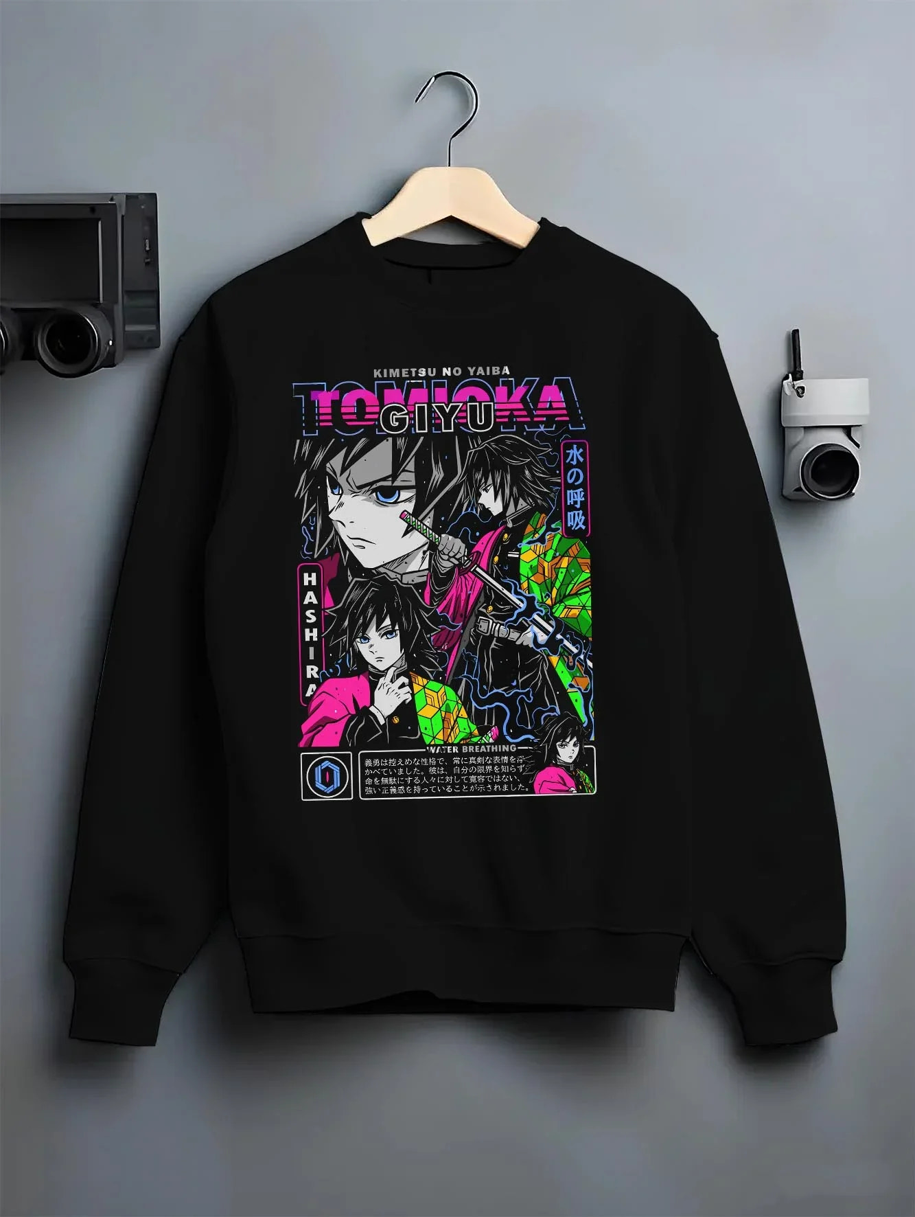 Black crewneck sweatshirt on hanger with Demon Slayer Hoodie Giyu Tomioka Hashira Guard Jumper graphic streetwear graphic.