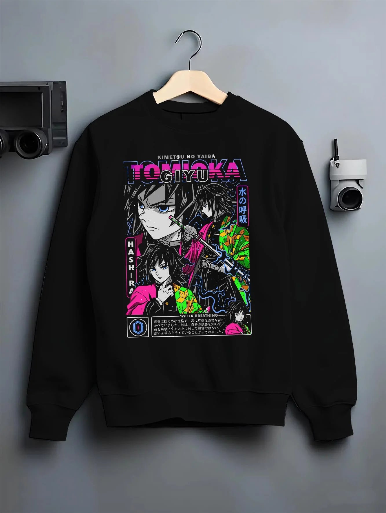 Black crewneck sweatshirt on hanger with Demon Slayer Hoodie Giyu Tomioka Hashira Guard Jumper graphic streetwear graphic.