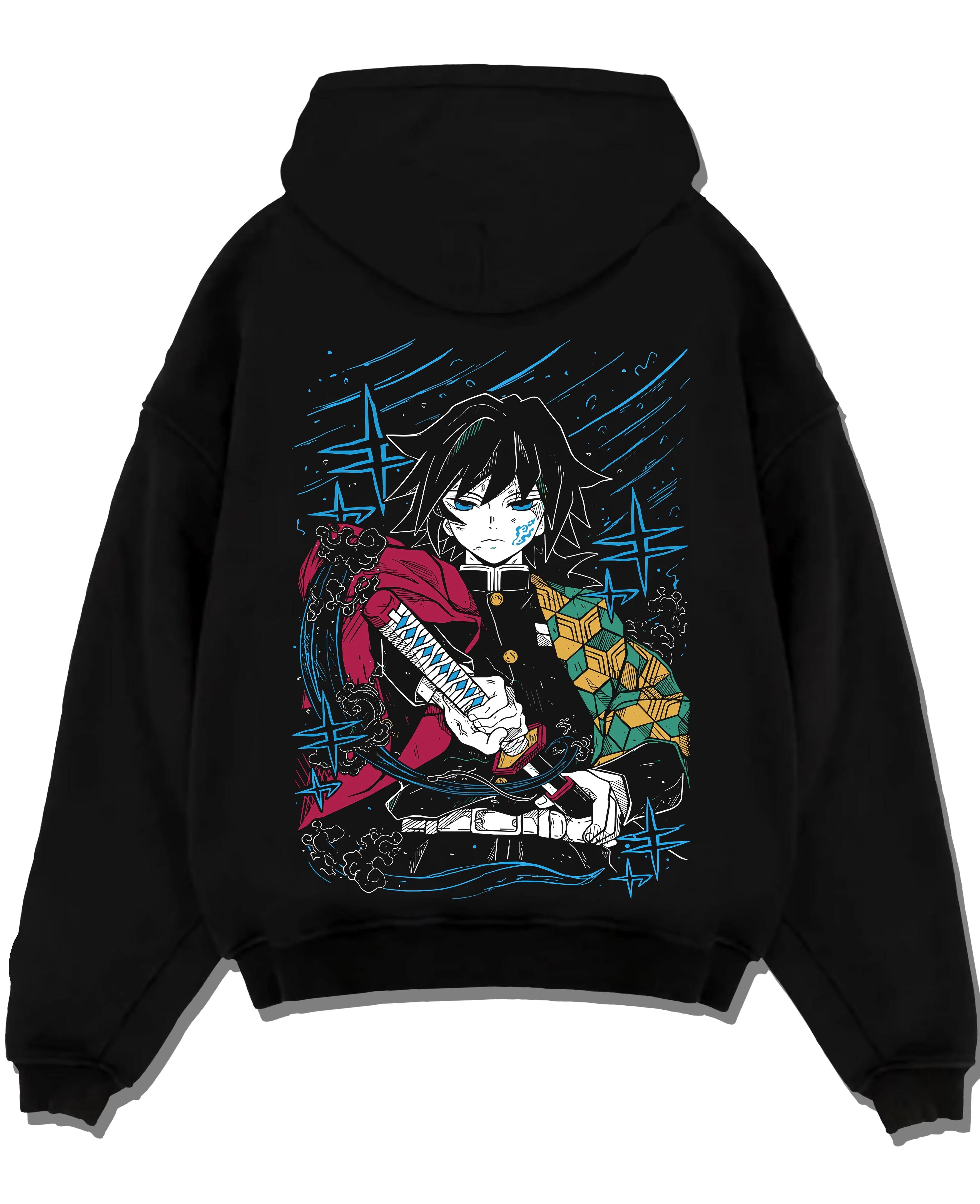 Black pullover hoodie laid flat with Demon Slayer Hoodie Giyu Tomioka Upgraded Power Jumper graphic bold anime graphic.