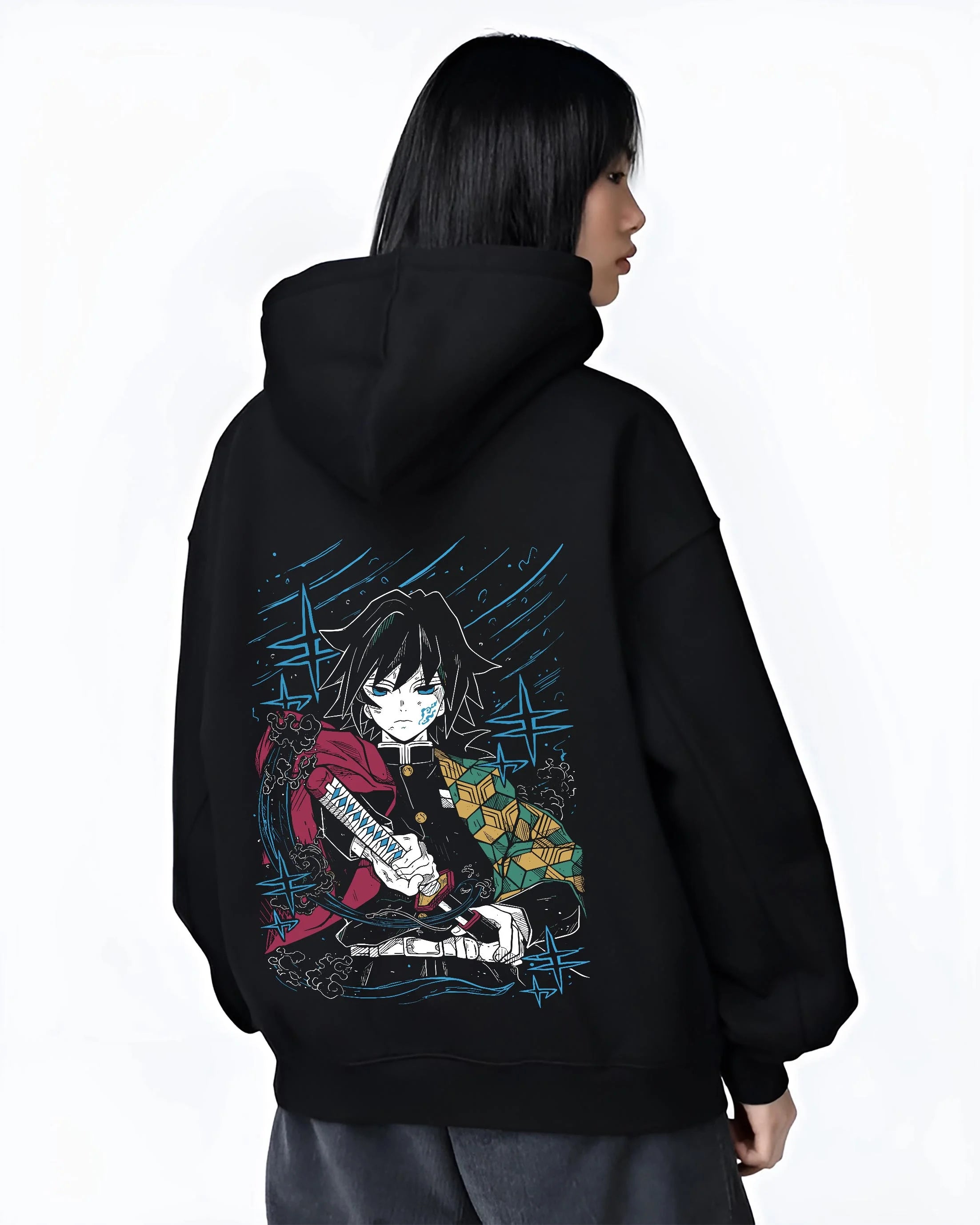 Black hoodie worn by female model, back view with Demon Slayer Hoodie Giyu Tomioka Upgraded Power Jumper graphic premium wear.