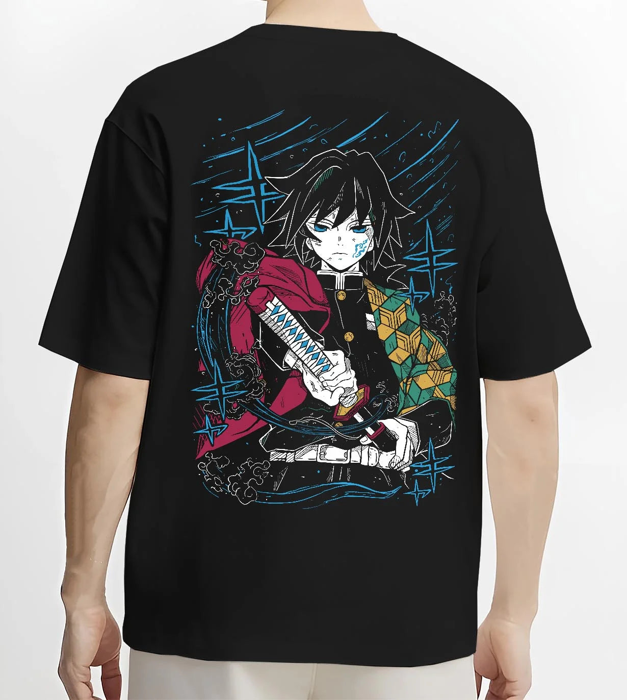 Black T-shirt worn by male model, back view with Demon Slayer Hoodie Giyu Tomioka Upgraded Power Jumper graphic streetwear graphic.