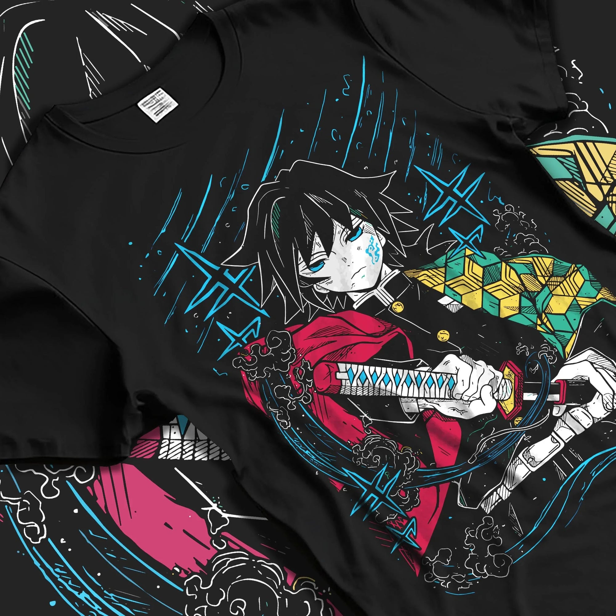 Black T-shirt laid flat with natural folds with Demon Slayer Hoodie Giyu Tomioka Upgraded Power Jumper graphic bold anime graphic.