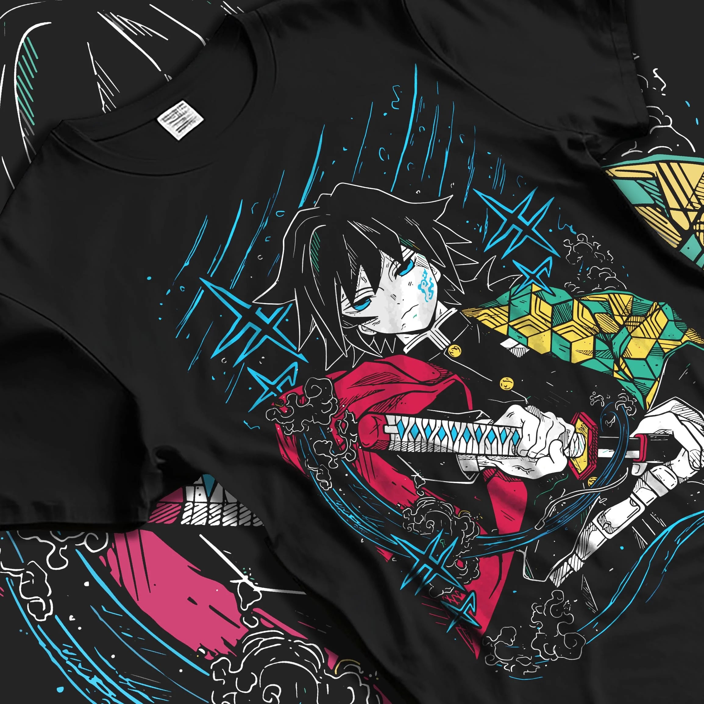 Black T-shirt laid flat with natural folds with Demon Slayer Hoodie Giyu Tomioka Upgraded Power Jumper graphic bold anime graphic.