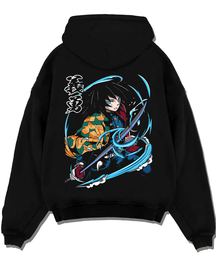 Black pullover hoodie laid flat with Demon Slayer Hoodie Giyu Tomioka Sword Slash Jumper graphic streetwear graphic.