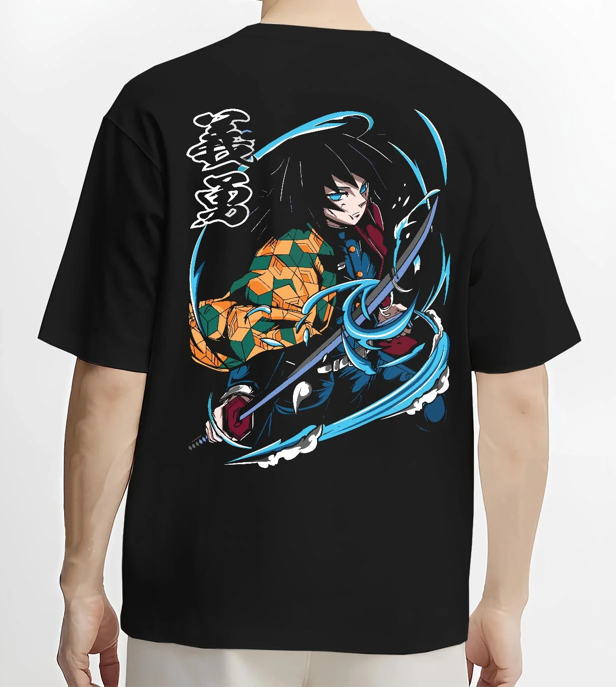 Black T-shirt worn by male model, back view with Demon Slayer Hoodie Giyu Tomioka Sword Slash Jumper graphic streetwear graphic.