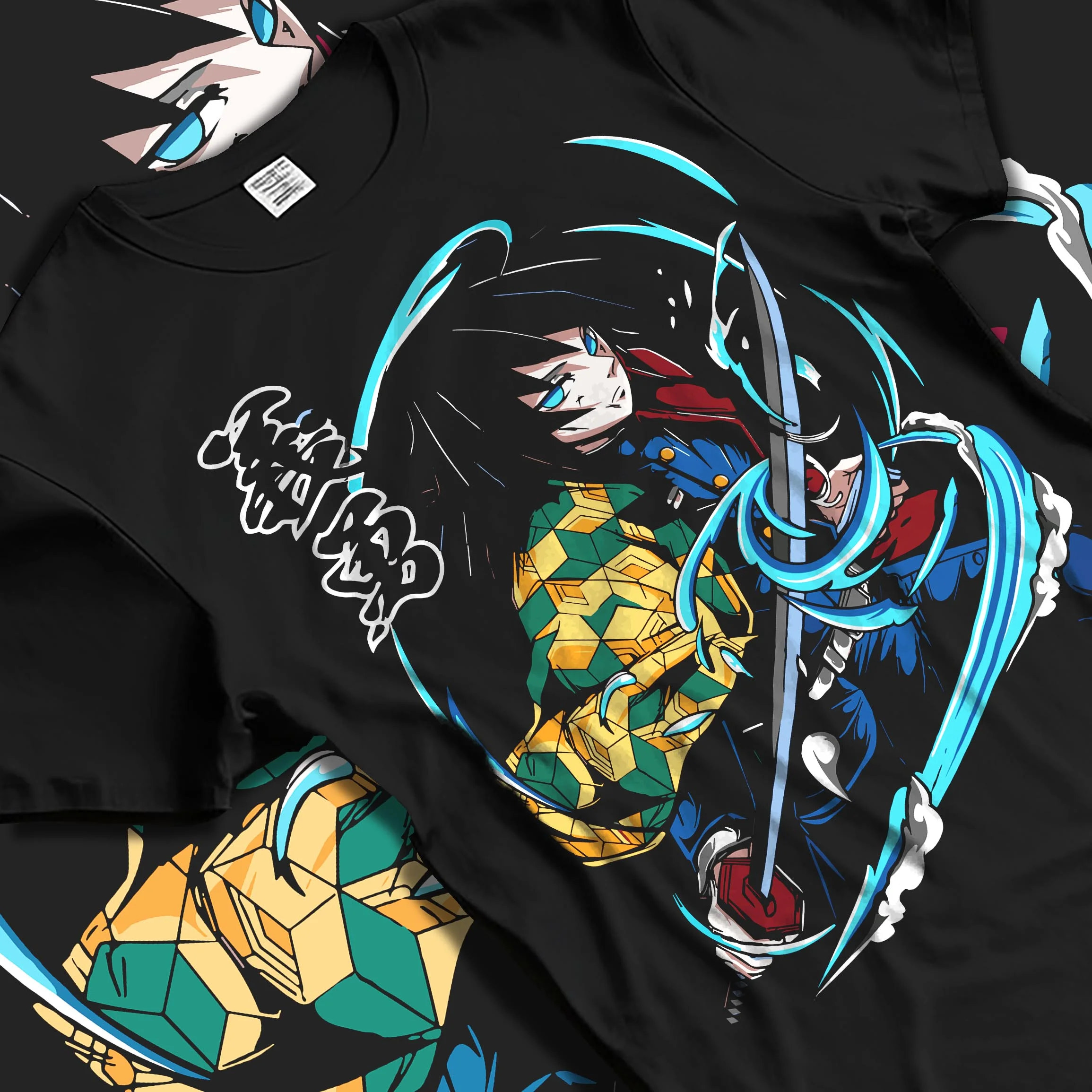 Black T-shirt laid flat with natural folds with Demon Slayer Hoodie Giyu Tomioka Sword Slash Jumper graphic bold anime graphic.