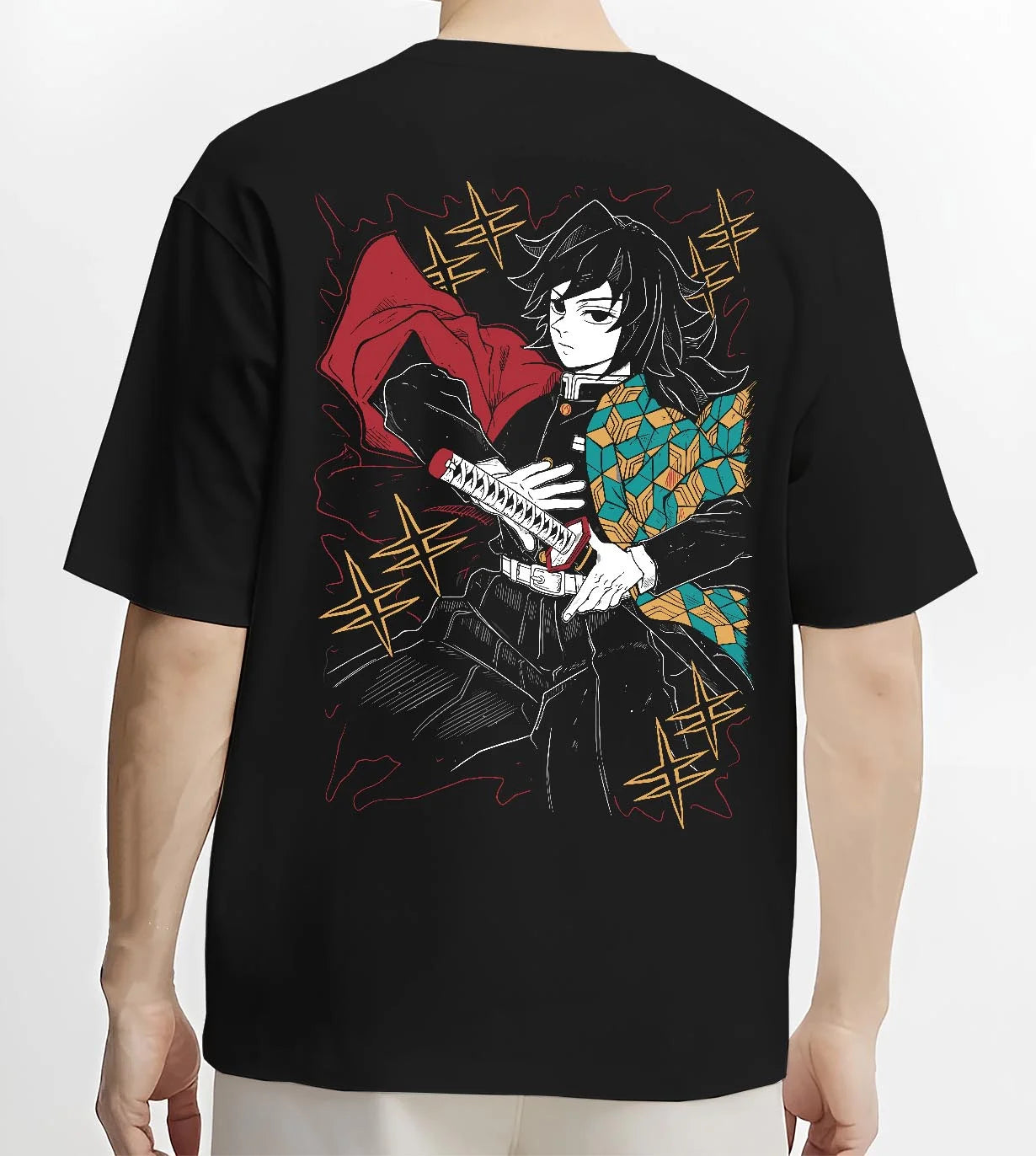 Black T-shirt worn by male model, back view with Demon Slayer Hoodie Giyu Tomioka Swift Strike Jumper graphic bold anime graphic.