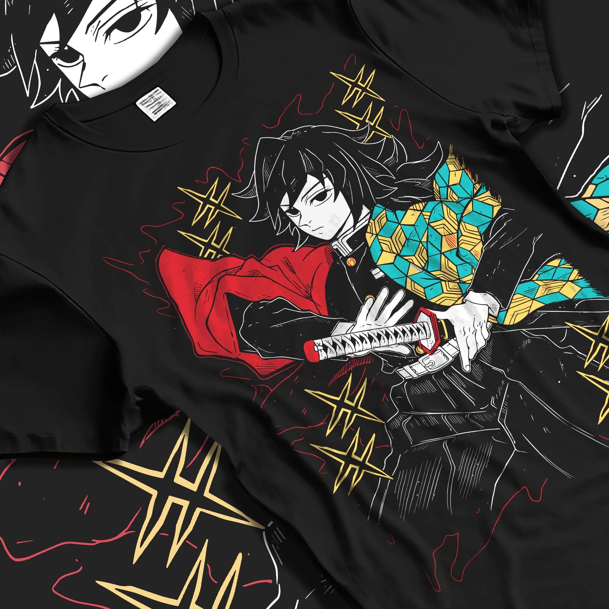Black T-shirt laid flat with natural folds with Demon Slayer Hoodie Giyu Tomioka Swift Strike Jumper graphic streetwear graphic.
