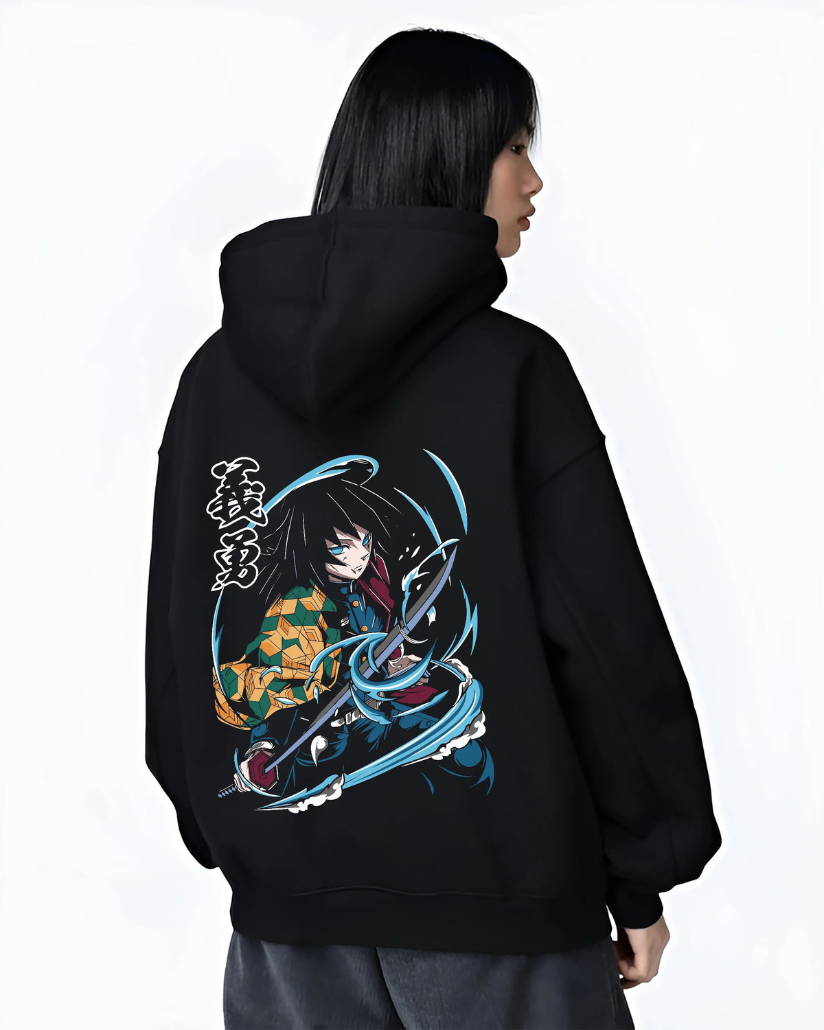Black hoodie female model back view showing Giyu Tomioka from Demon Slayer: Water Breathing