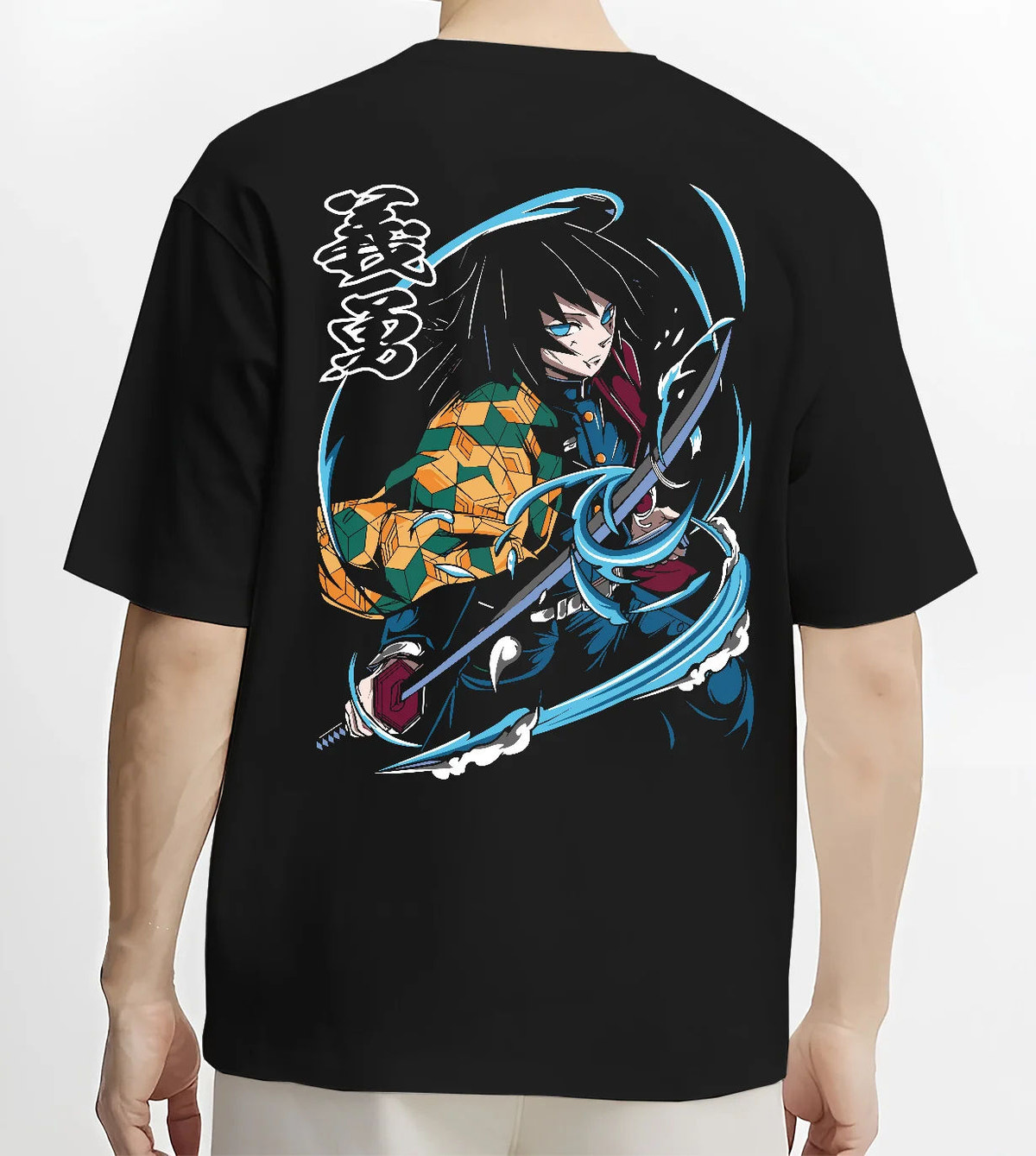 Black T-shirt model back view showing Giyu Tomioka from Demon Slayer: Water Breathing