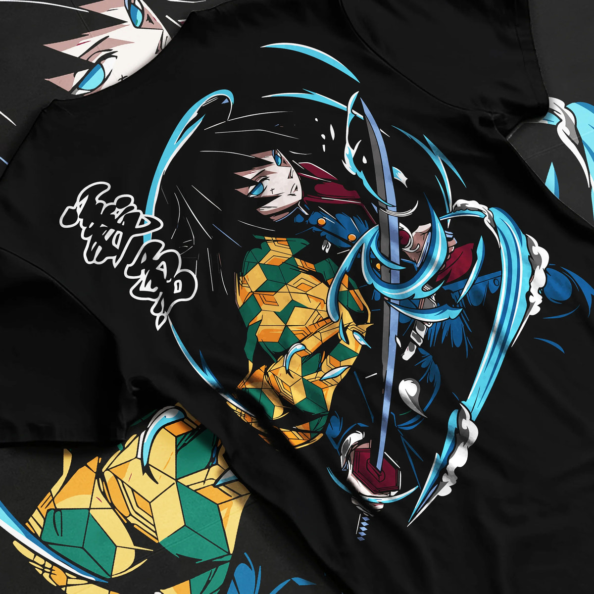 Black T-shirt flat back view showing Giyu Tomioka from Demon Slayer: Water Breathing