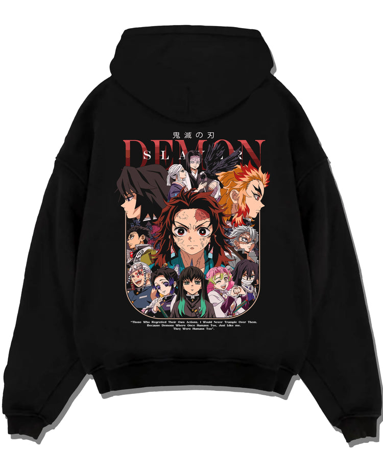 Black pullover hoodie laid flat with Demon Slayer Hoodie Corps United Hashira Fighters graphic bold anime graphic.