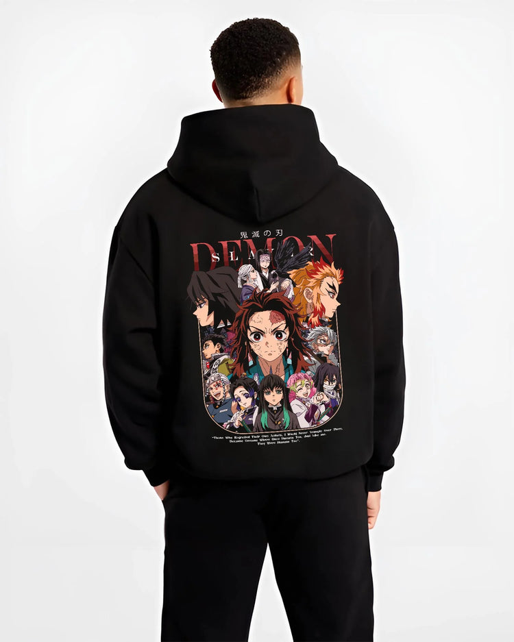 Black hoodie worn by male model, back view with Demon Slayer Hoodie Corps United Hashira Fighters graphic nan anime design.