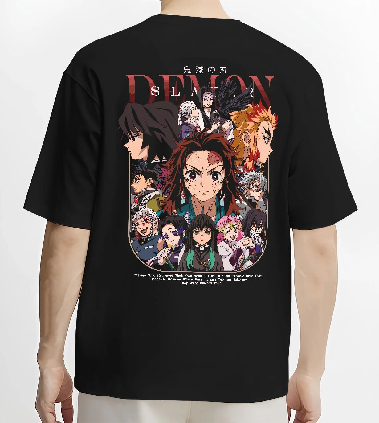 Black T-shirt worn by male model, back view with Demon Slayer Hoodie Corps United Hashira Fighters graphic nan themed artwork.