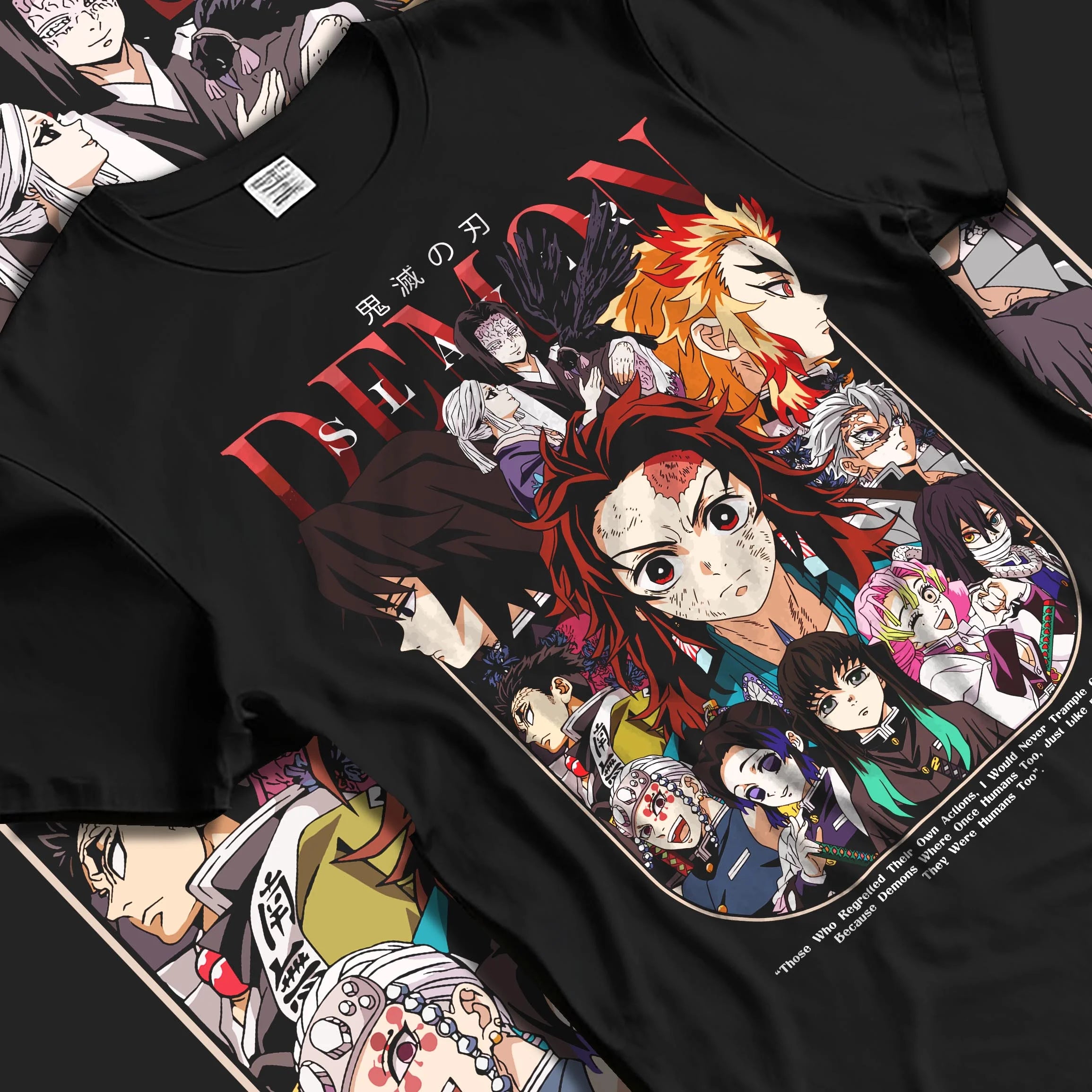 Black T-shirt laid flat with natural folds with Demon Slayer Hoodie Corps United Hashira Fighters graphic streetwear graphic.