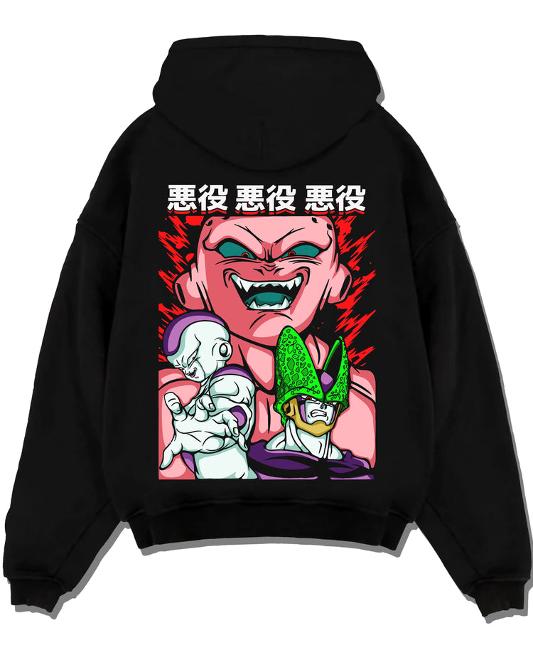 Black pullover hoodie laid flat with Kid Buu Hoodie Dragon Ball Z Majin Villain Form graphic premium wear.