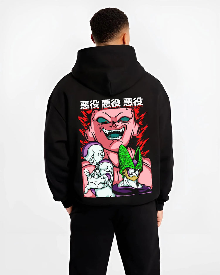 Black hoodie worn by male model, back view with Kid Buu Hoodie Dragon Ball Z Majin Villain Form graphic streetwear graphic.