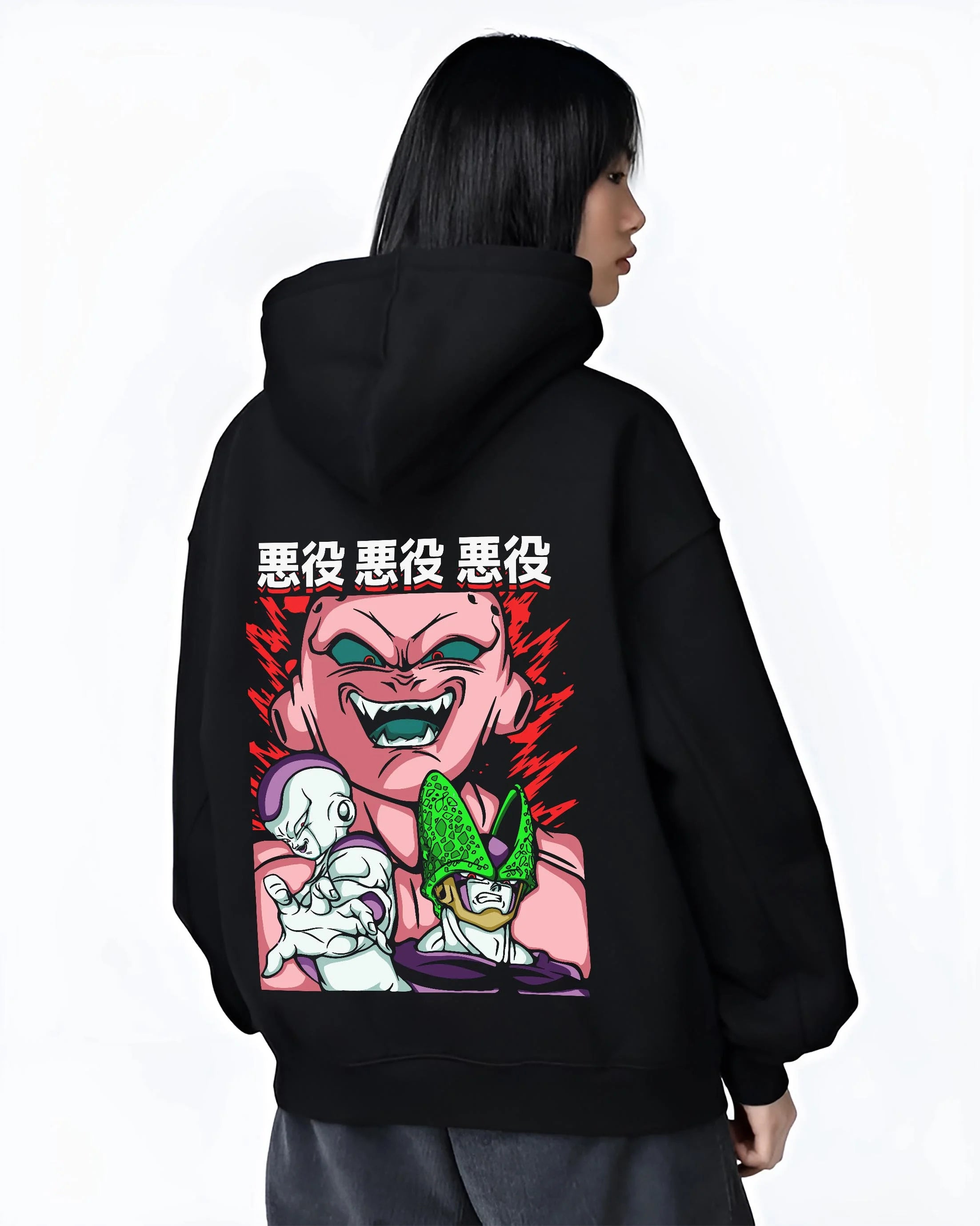 Black hoodie worn by female model, back view with Kid Buu Hoodie Dragon Ball Z Majin Villain Form graphic streetwear graphic.