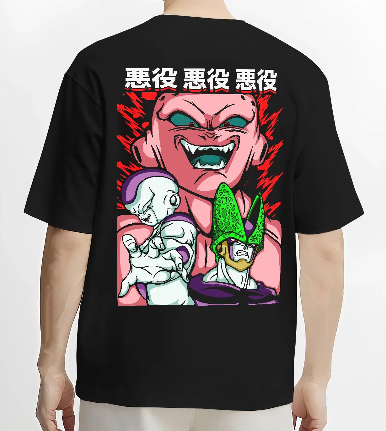 Black T-shirt worn by male model, back view with Kid Buu Hoodie Dragon Ball Z Majin Villain Form graphic premium wear.