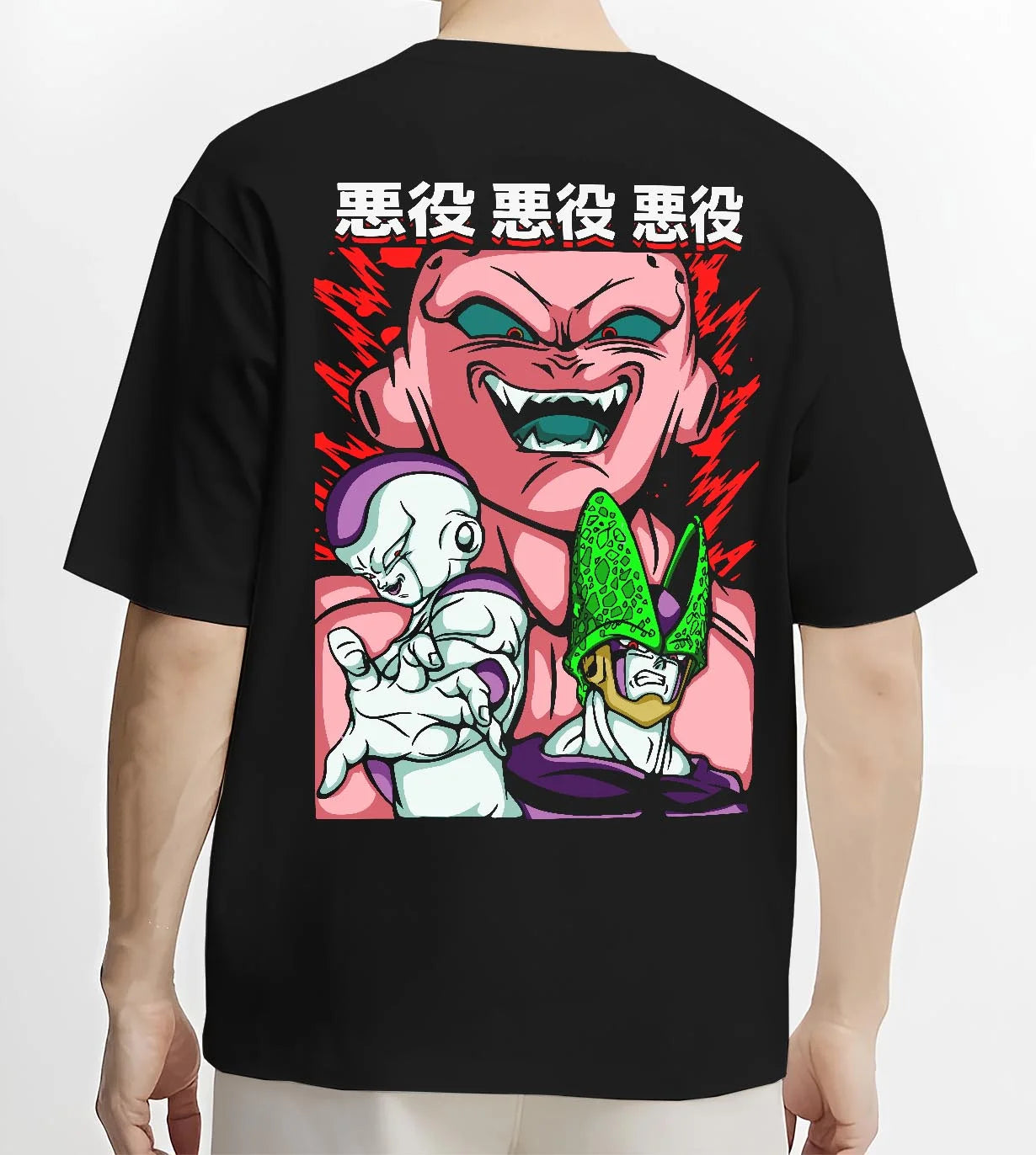 Black T-shirt worn by male model, back view with Kid Buu Hoodie Dragon Ball Z Majin Villain Form graphic premium wear.