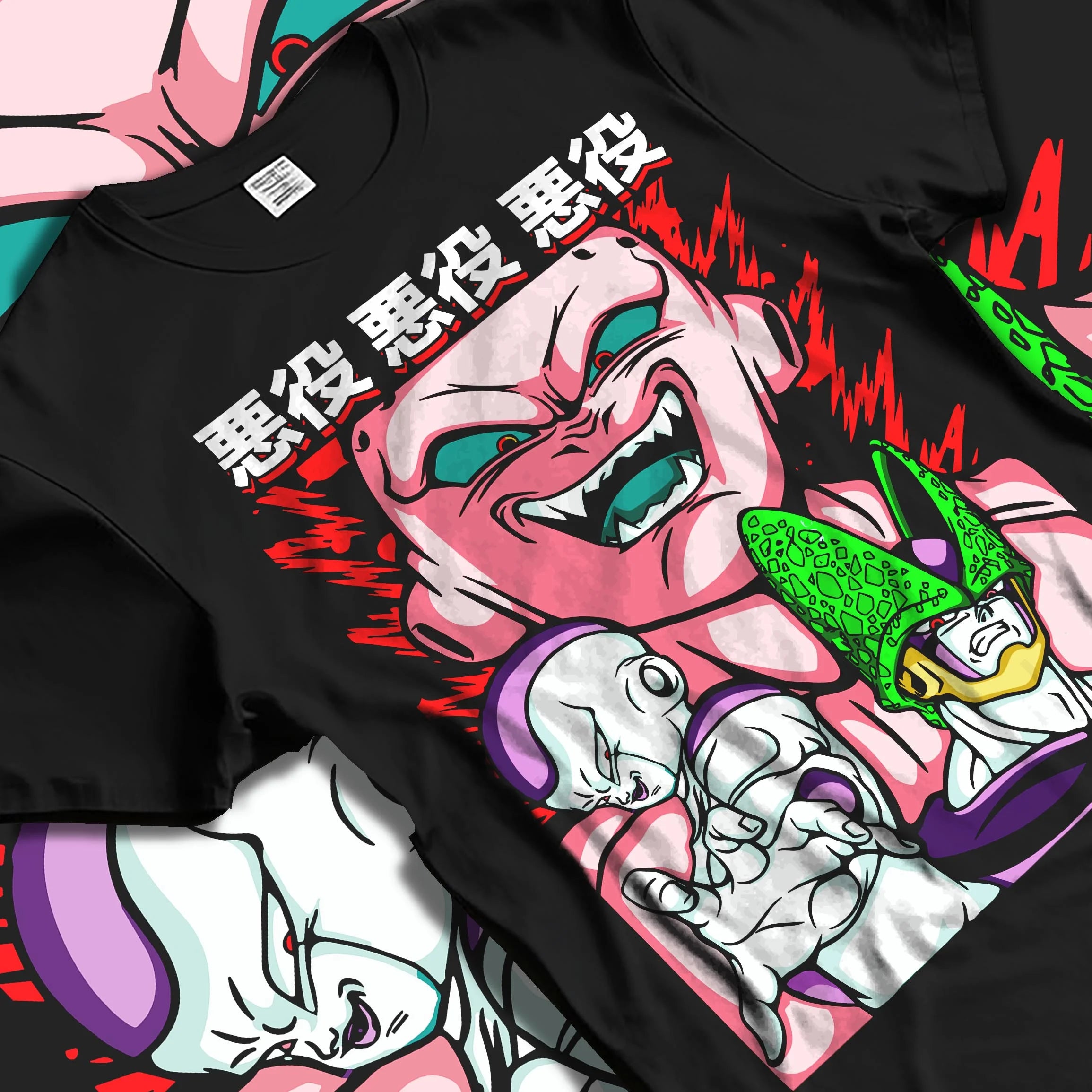 Black T-shirt laid flat with natural folds with Kid Buu Hoodie Dragon Ball Z Majin Villain Form graphic streetwear graphic.