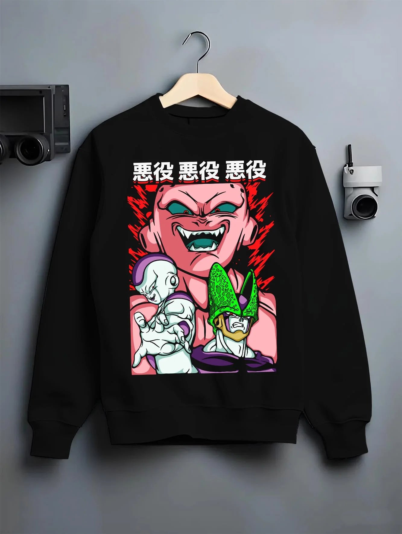 Black crewneck sweatshirt on hanger with Kid Buu Hoodie Dragon Ball Z Majin Villain Form graphic bold anime graphic.