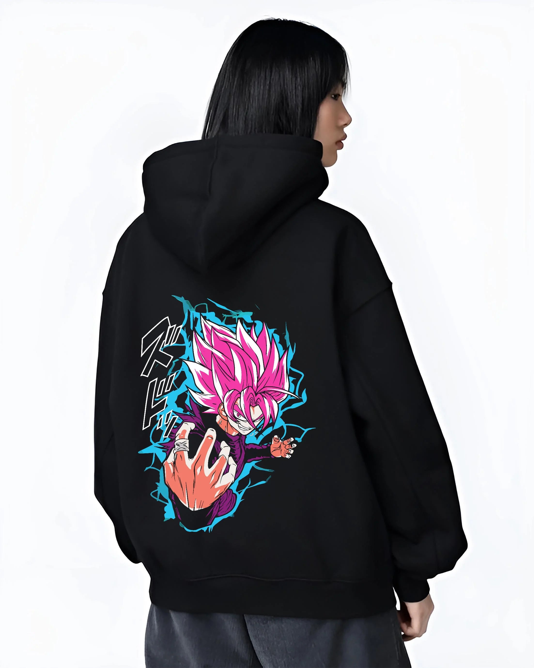 Black hoodie worn by female model, back view with Goku Hoodie Dragon Ball Z Super Saiyan Rose Aura graphic premium wear.