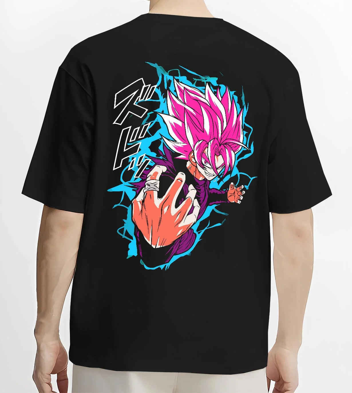 Black T-shirt worn by male model, back view with Goku Hoodie Dragon Ball Z Super Saiyan Rose Aura graphic streetwear graphic.