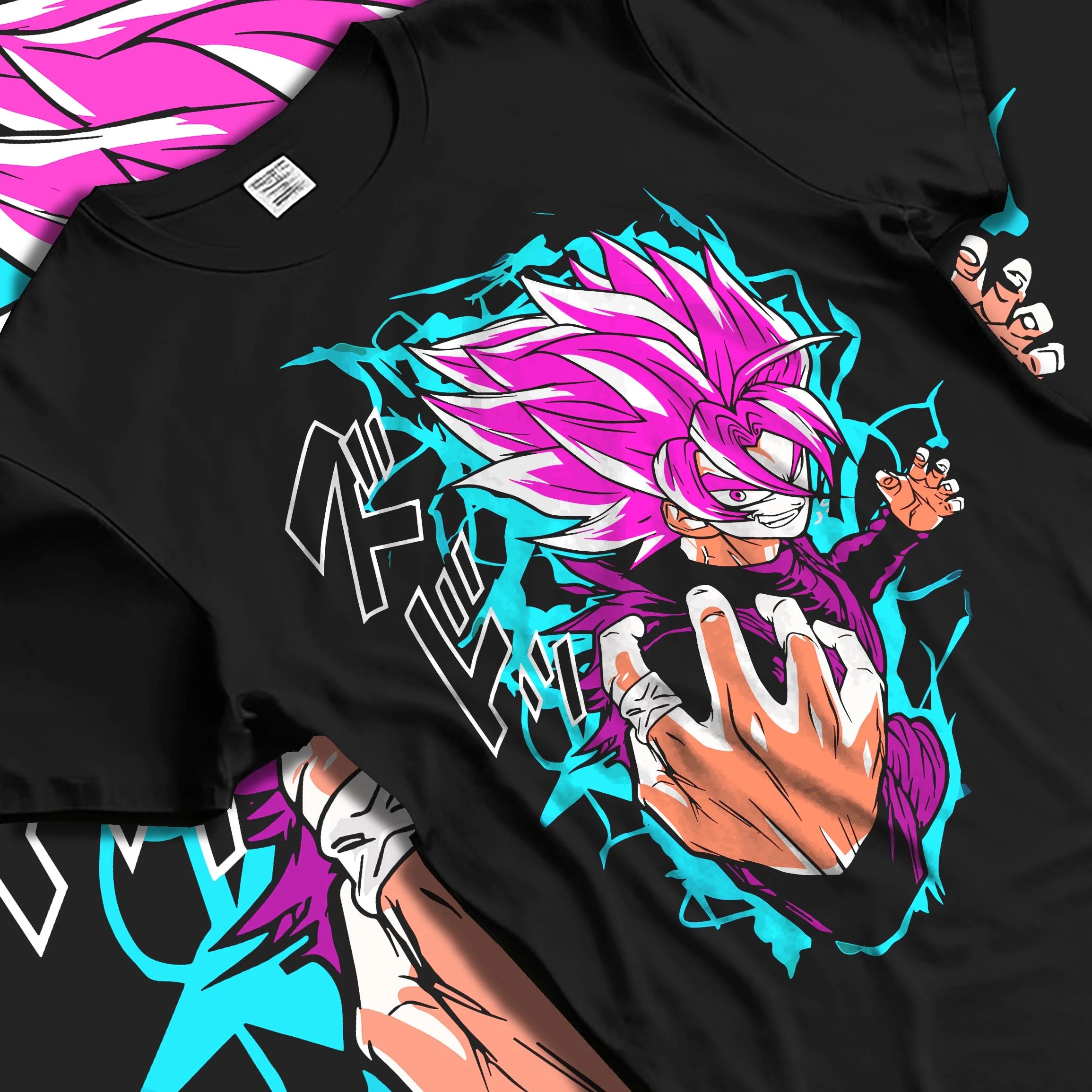 Black T-shirt laid flat with natural folds with Goku Hoodie Dragon Ball Z Super Saiyan Rose Aura graphic streetwear graphic.