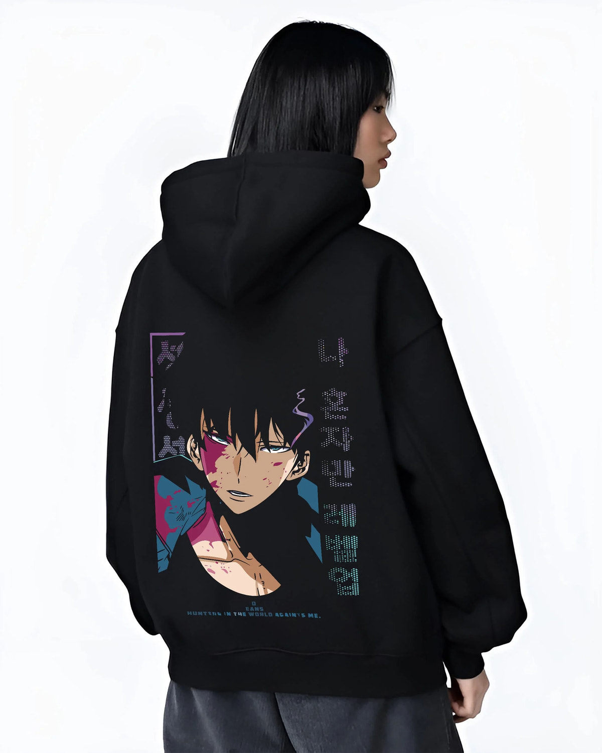 Black hoodie worn by female model from the back featuring Mob Psycho 100 Shigeo Kageyama psychic energy artwork.