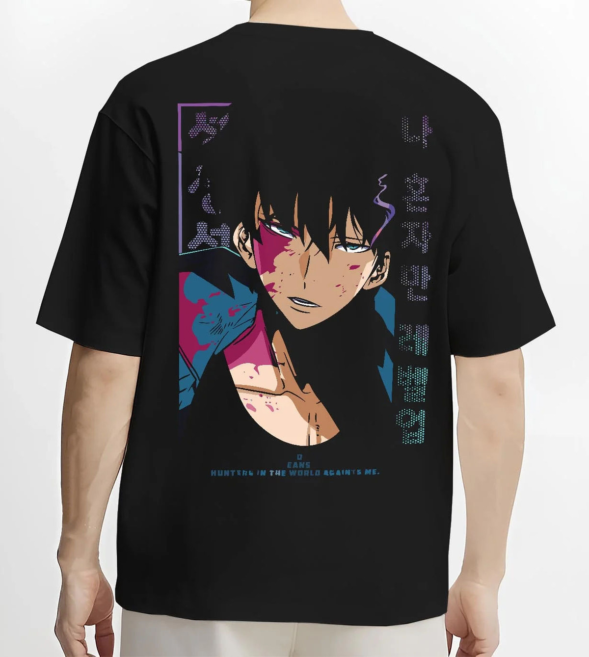 Black T-shirt worn by male model from the back featuring Mob Psycho 100 Shigeo Kageyama psychic energy artwork.