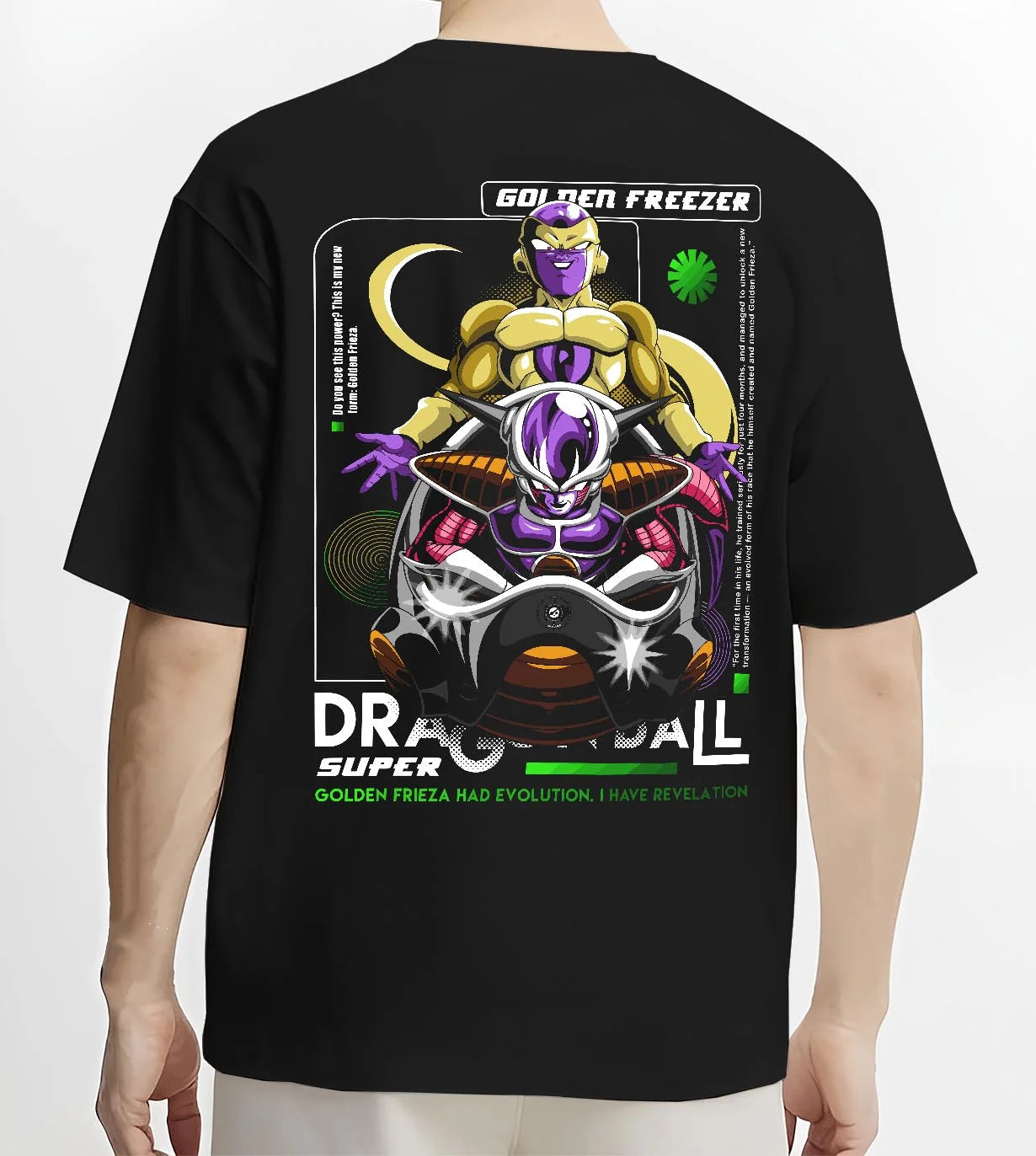 Black T-shirt worn by male model, back view with Dragon Ball Z Hoodie Golden Frieza Power Jumper graphic streetwear graphic.