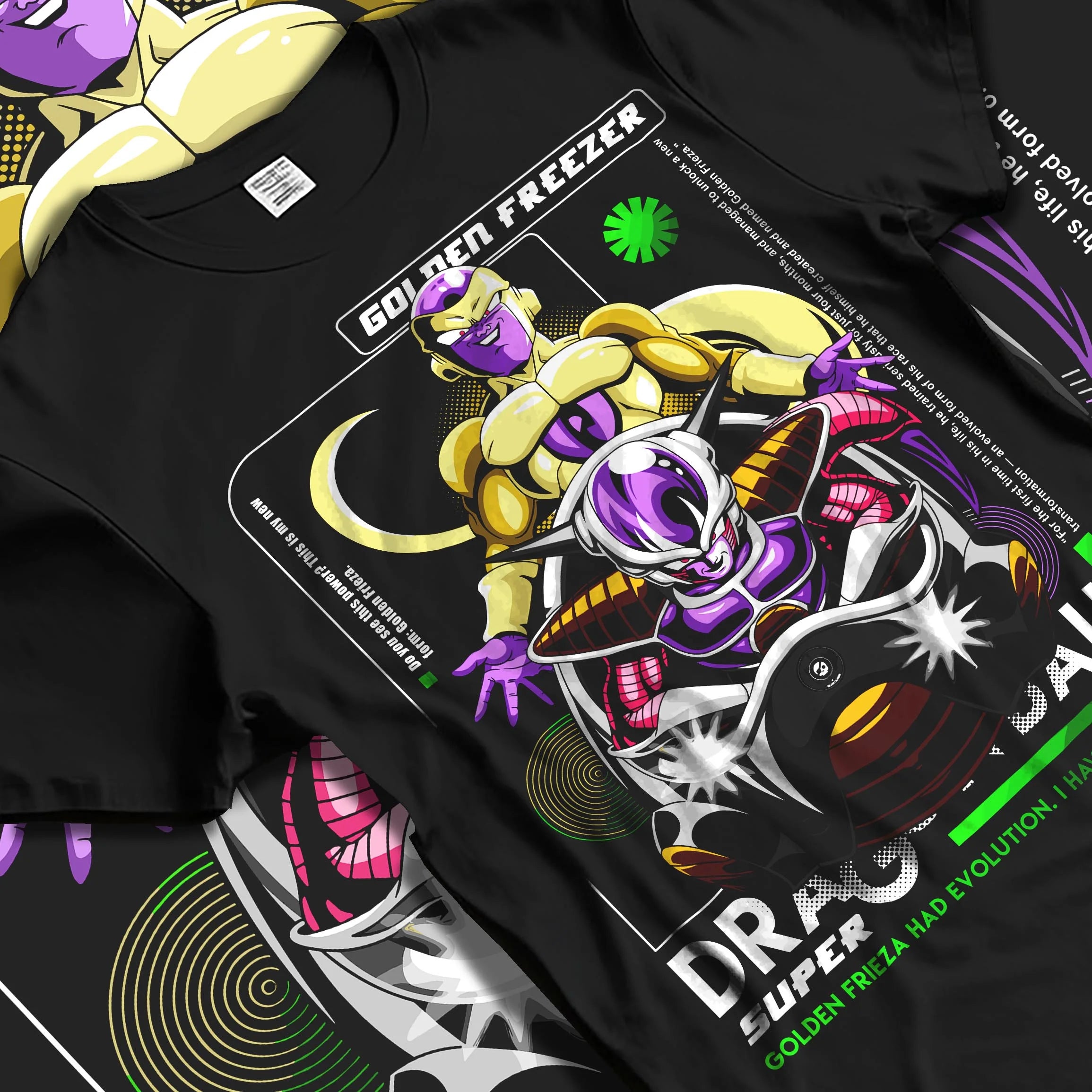 Black T-shirt laid flat with natural folds with Dragon Ball Z Hoodie Golden Frieza Power Jumper graphic Frieza anime design.