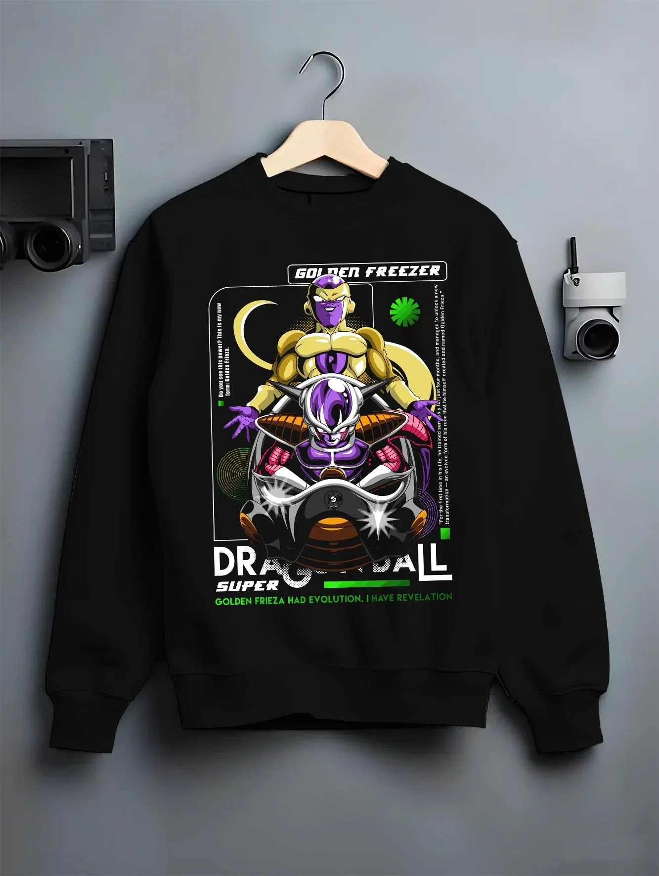 Black crewneck sweatshirt on hanger with Dragon Ball Z Hoodie Golden Frieza Power Jumper graphic streetwear graphic.