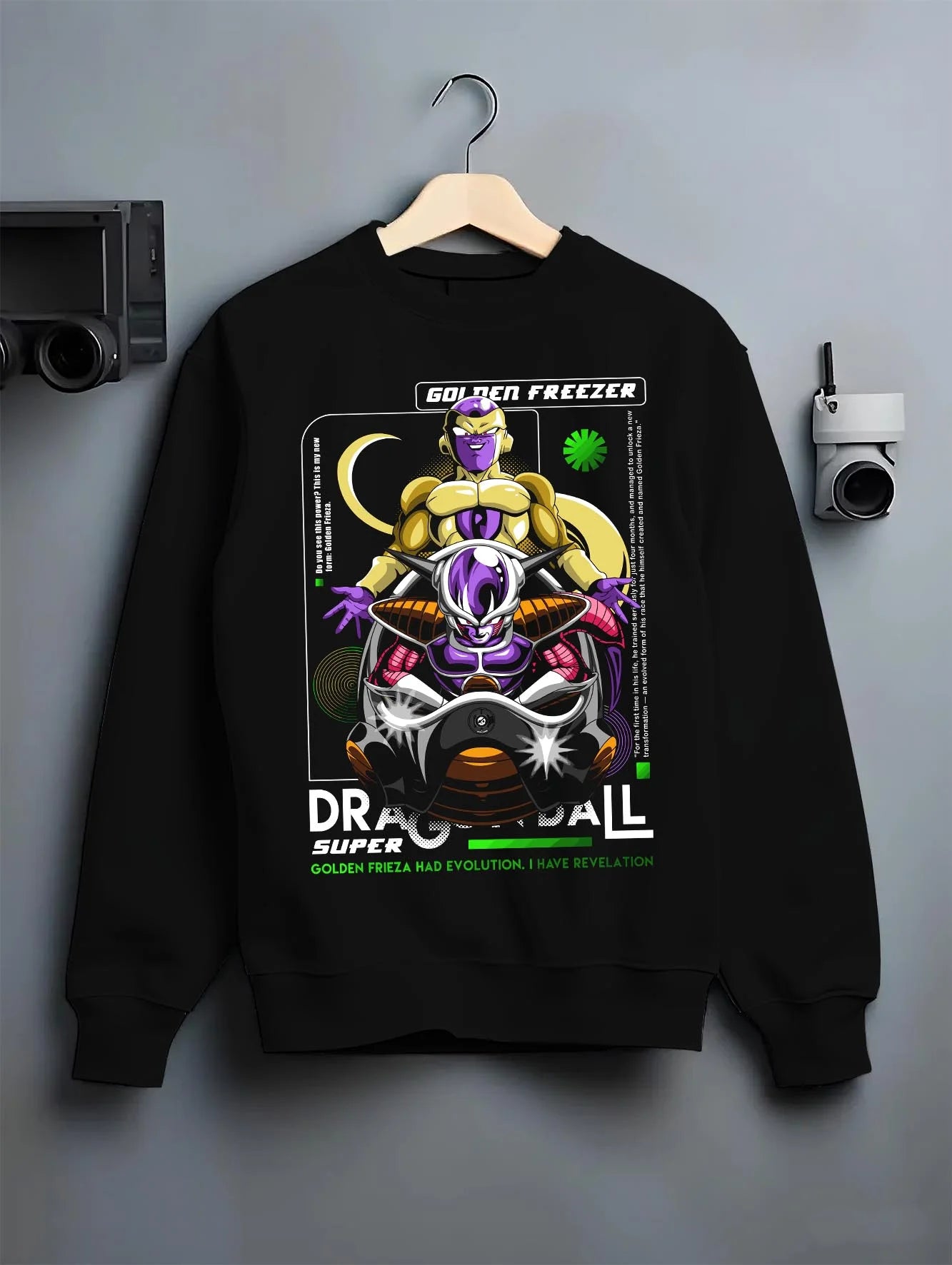 Black crewneck sweatshirt on hanger with Dragon Ball Z Hoodie Golden Frieza Power Jumper graphic streetwear graphic.