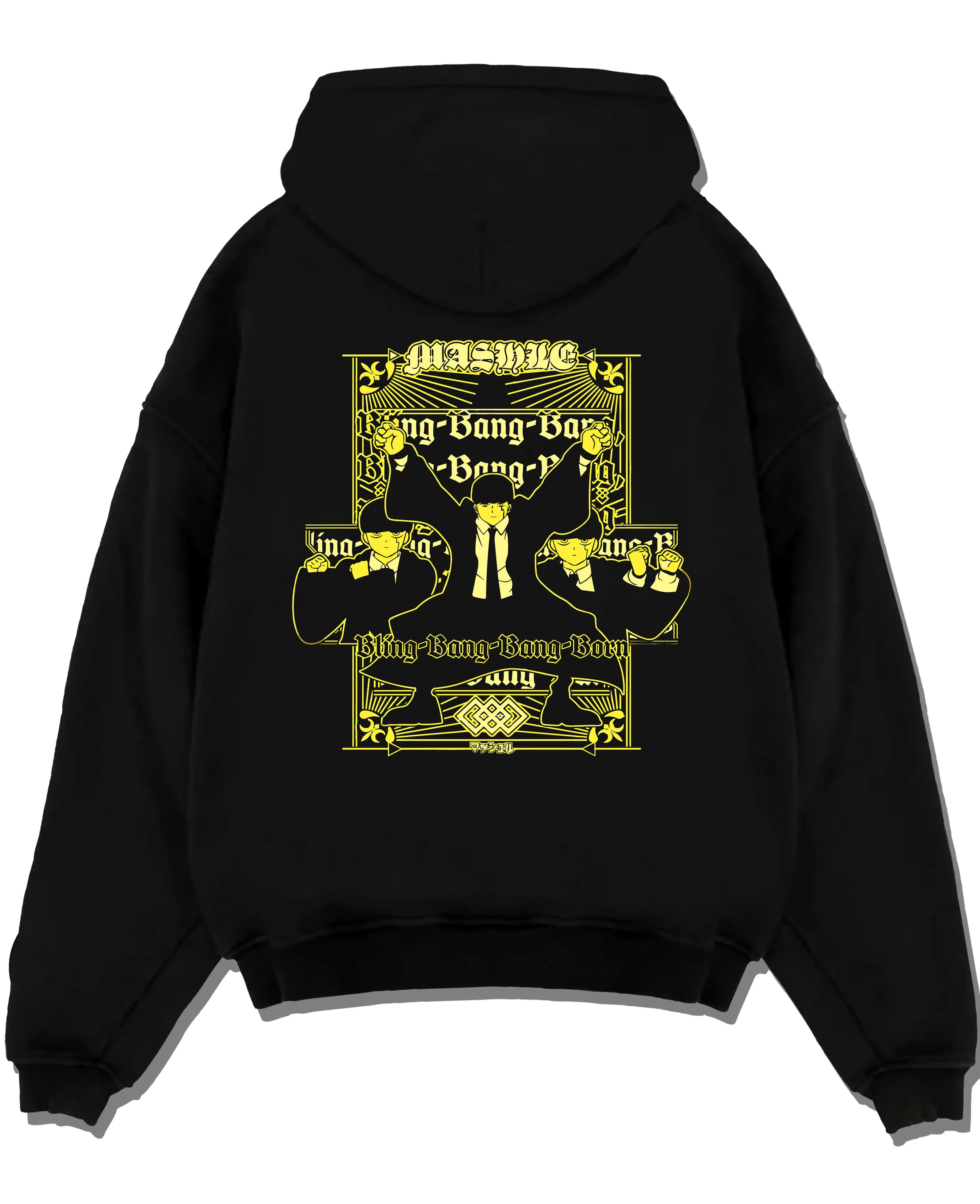 Black pullover hoodie laid flat featuring Mash Burnedead Mashle anime Bang Bang retro graphic with bold streetwear design and nostalgic 90s vibe.
