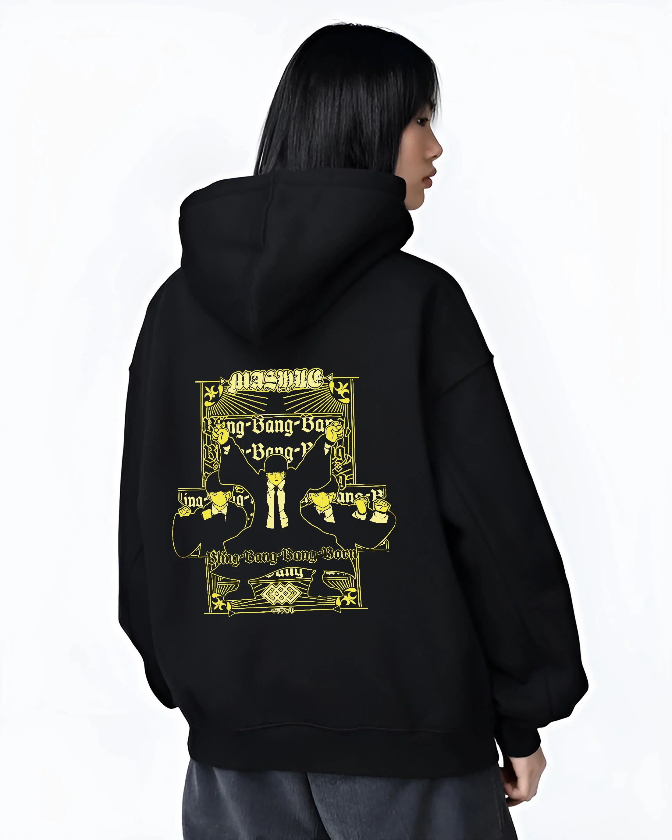 Black hoodie worn by female model, back view showcasing Mash Burnedead Mashle Bang Bang inspired artwork, anime poster inspired with bold retro streetwear touch.