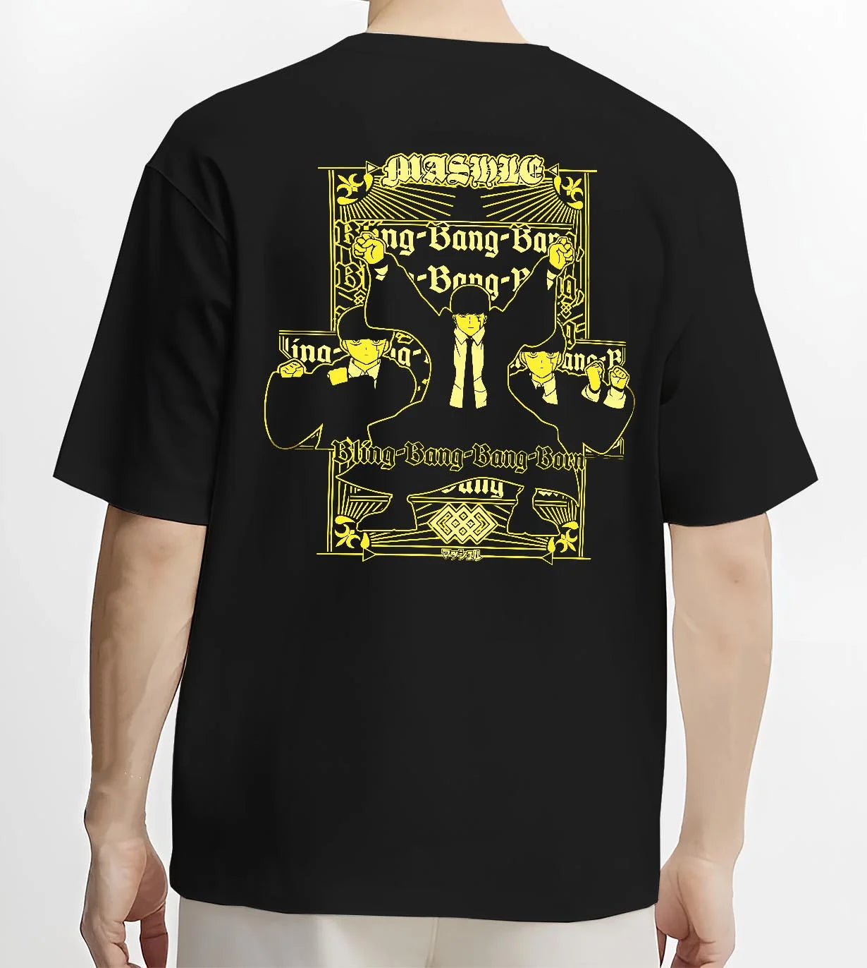 Black T-shirt worn by male model, back view featuring Mash Burnedead Mashle anime design with vaporwave retro graphic and nostalgic anime clothing look.