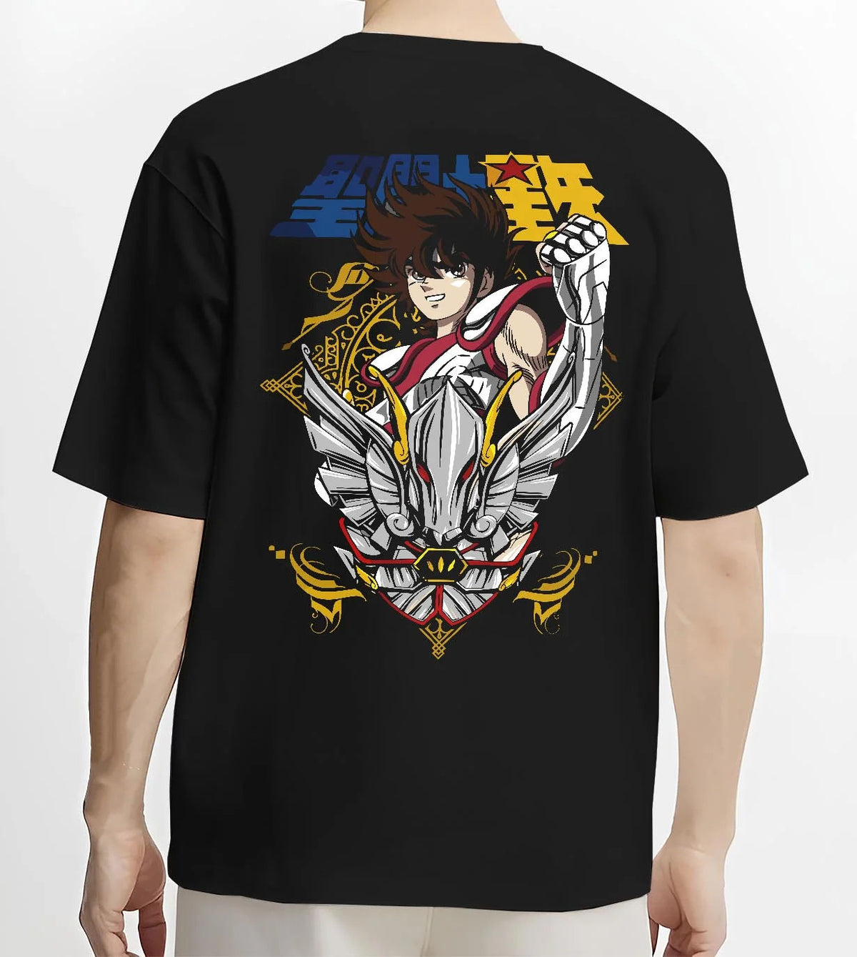 Black T-shirt worn by male model from the back featuring Pegasus Seiya Saint Seiya gold wings artwork.