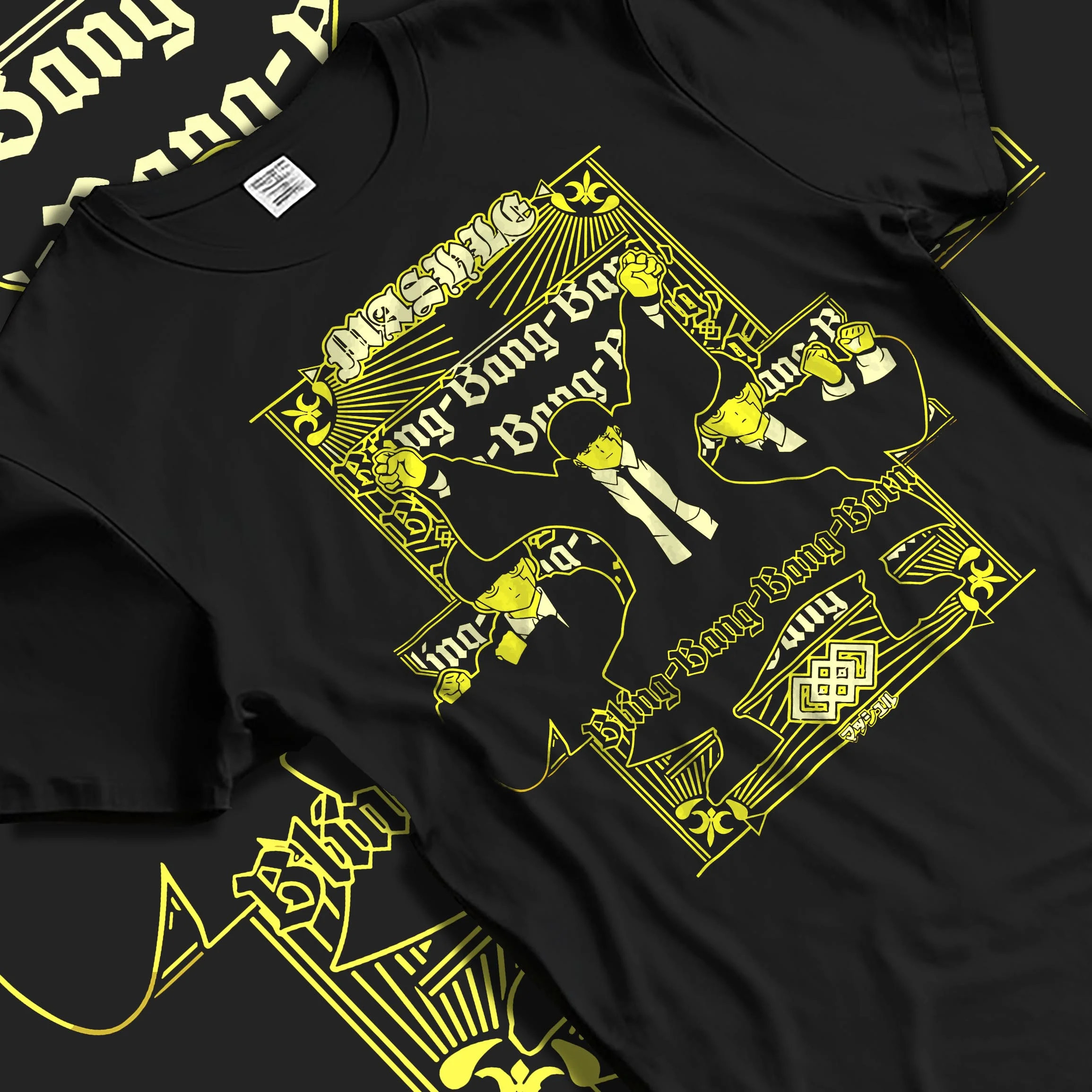 Black T-shirt laid flat with natural folds displaying Mash Burnedead Mashle Bang Bang artwork, arcade pixel graphic with premium Kunai anime streetwear.