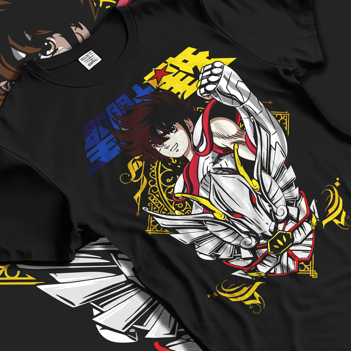 Black T-shirt laid flat with natural folds featuring Pegasus Seiya Saint Seiya gold wings artwork.