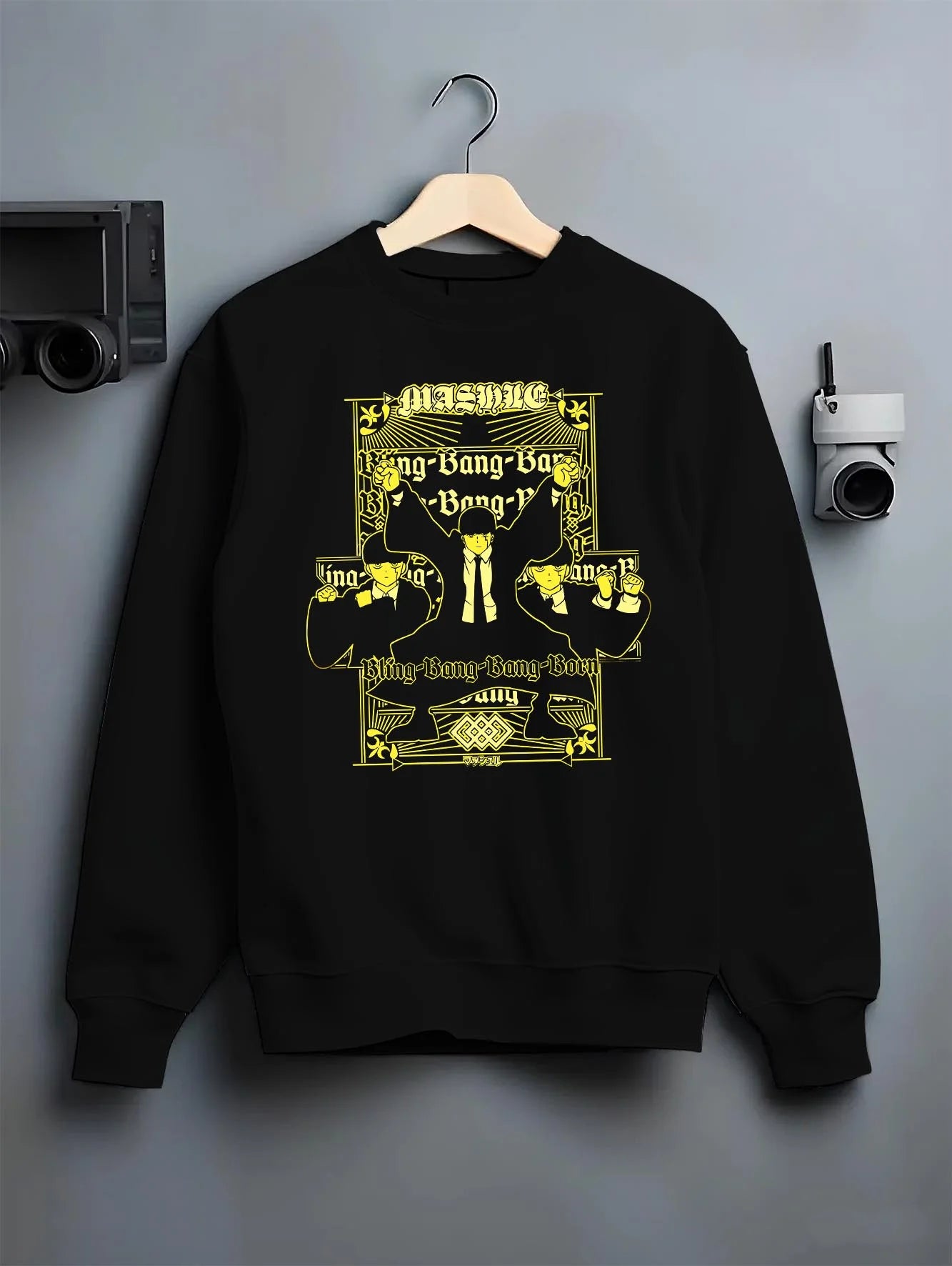Black crewneck sweatshirt on hanger with Mash Burnedead Mashle anime poster inspired retro graphic, perfect for anime streetwear fans and collectors.