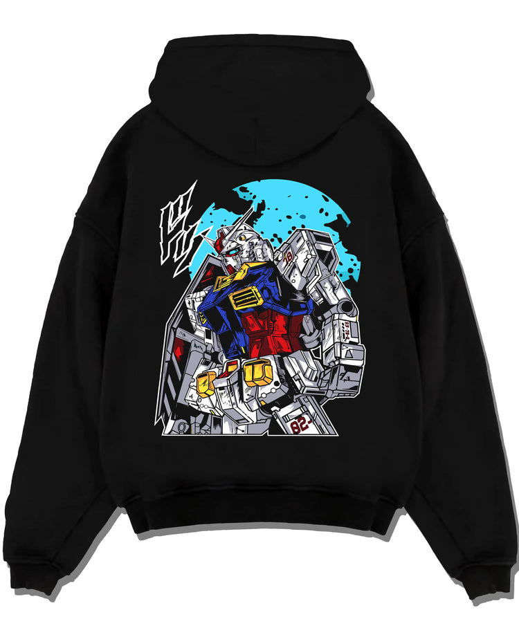 Black pullover hoodie laid flat with Gundam Hoodie RX-78 Battle Suit Heroic Jumper graphic bold anime graphic.
