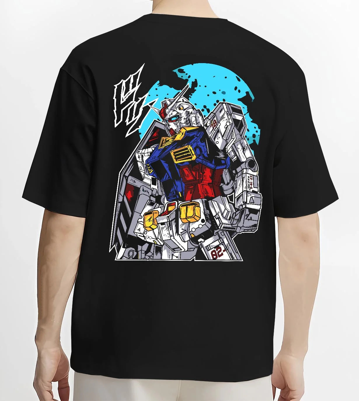 Black T-shirt worn by male model, back view with Gundam Hoodie RX-78 Battle Suit Heroic Jumper graphic bold anime graphic.